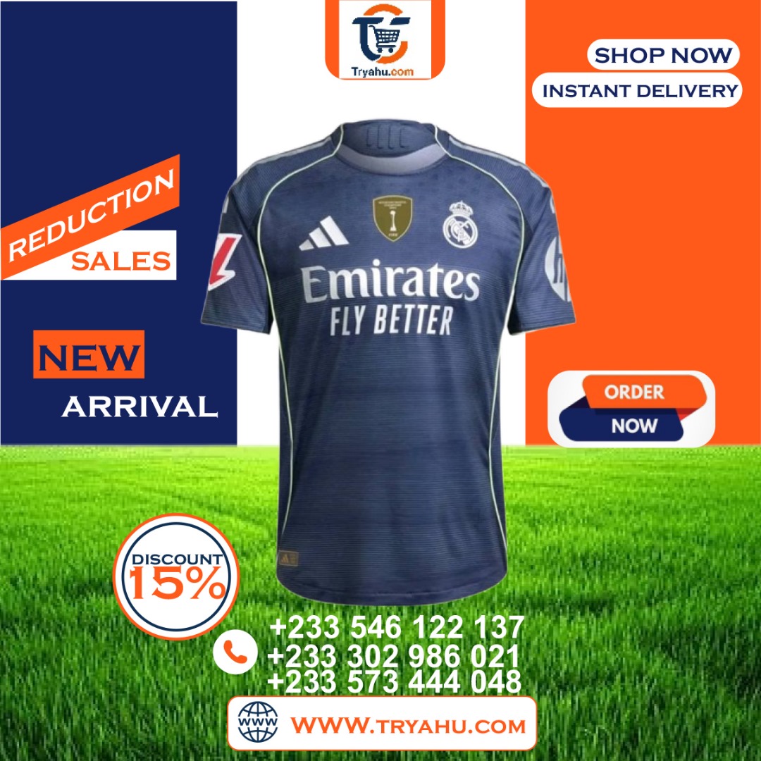 Real Madrid 2025 2026 Away Jersey Official Blue Kit | Tryahu Sports Ghana